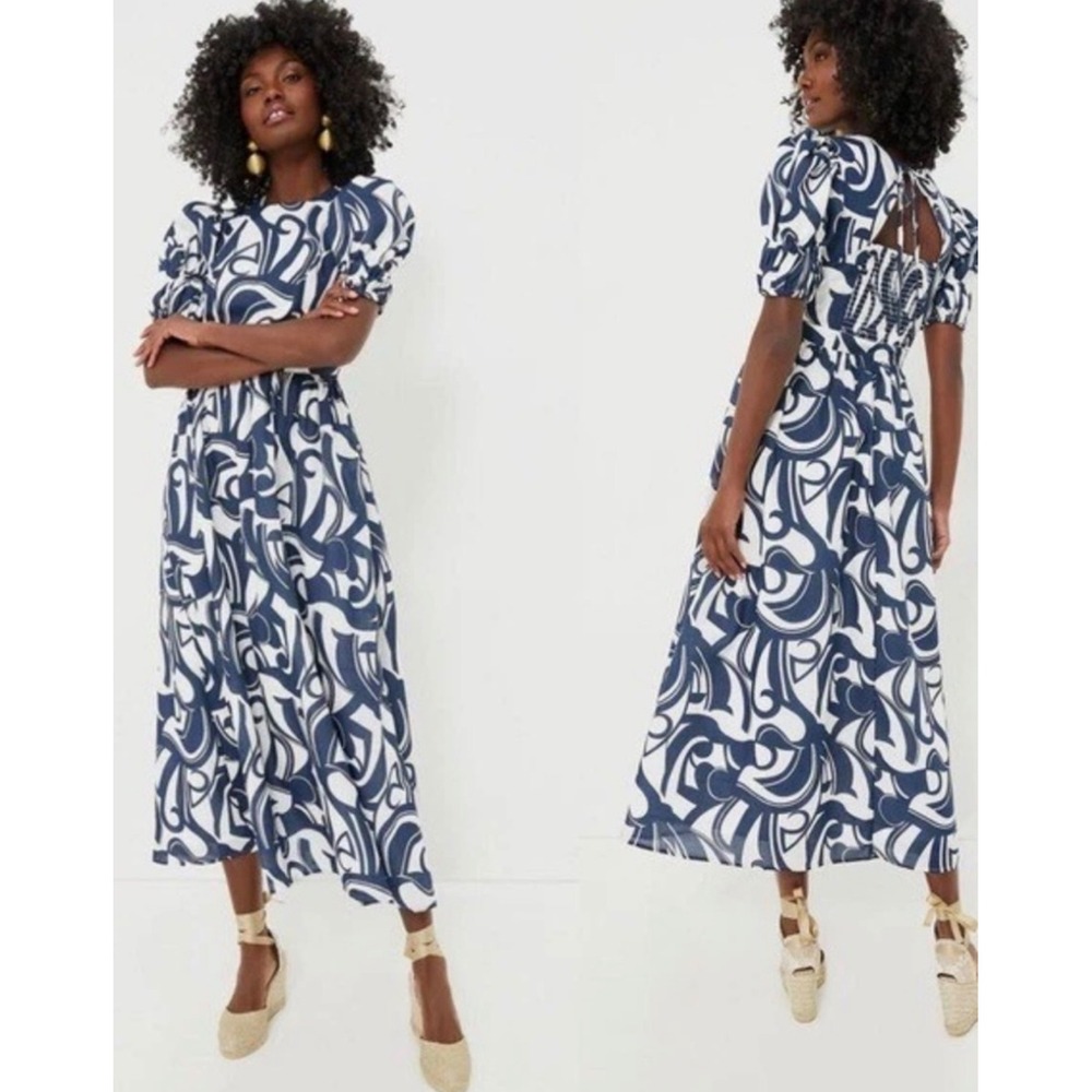 Hyacinth House Navy White Abstract Puff Sleeve Smocked Back Midi Dress NEW Large